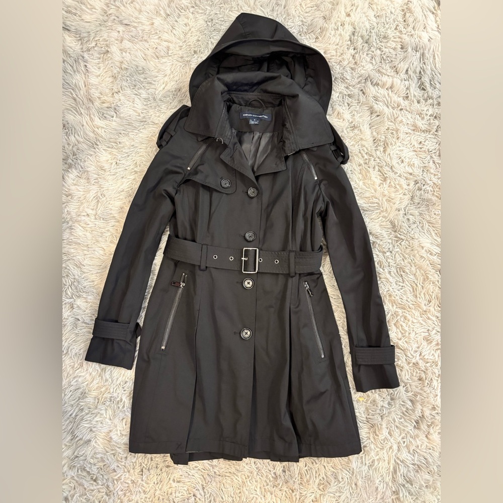 French Connection Black Trench Coat with Hood